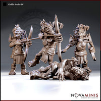 Three goblin archer sculpts by Novaminis shown together: one standing drawing a bow, one lunging forward mid-draw with arrow nocked, and one fallen prone with claws outstretched and head twisted sideways.