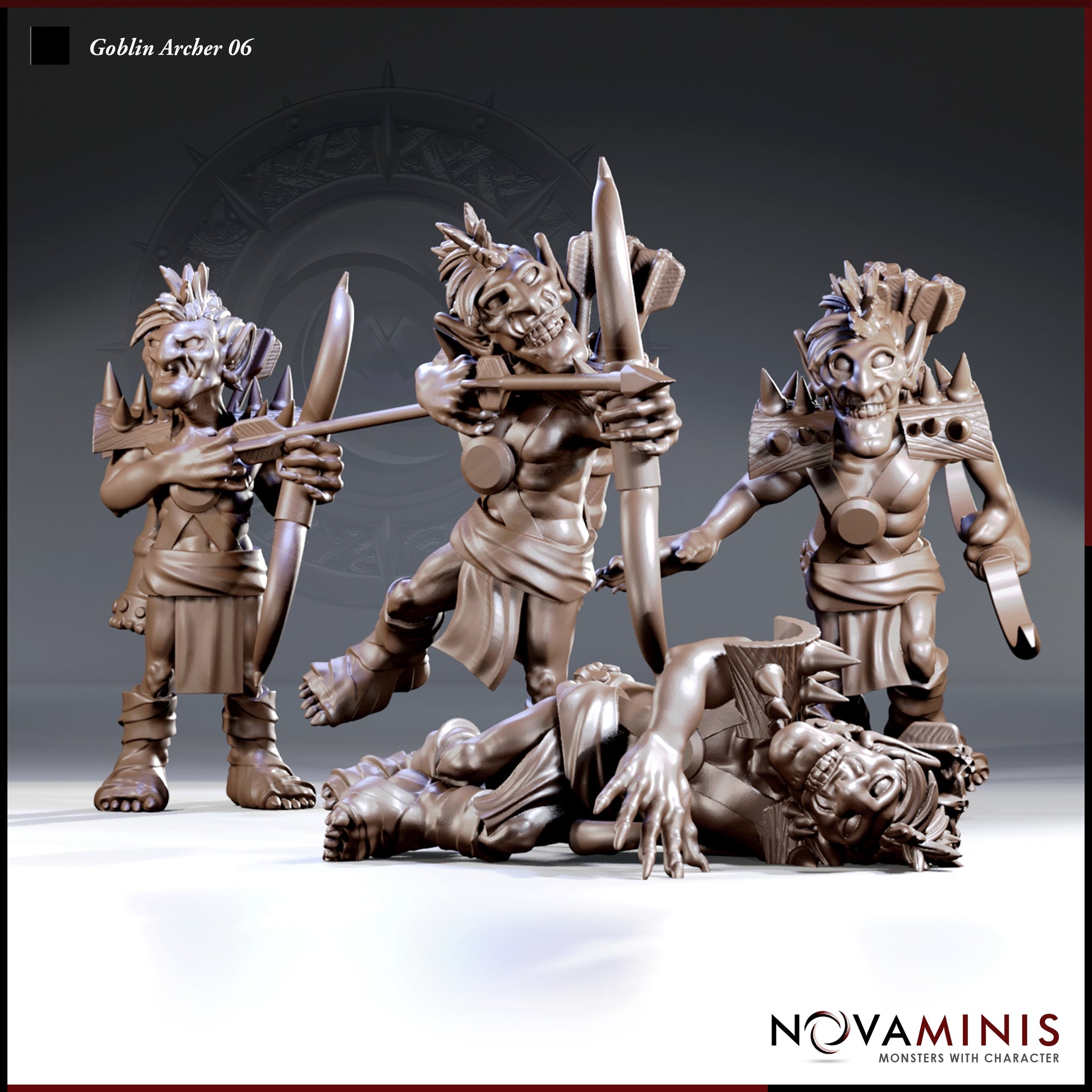 Three goblin archer miniatures by Novaminis: one drawing a shortbow with a wide grin, one leaping forward armed with bow, and one goblin lying fallen on the ground with quiver strapped to back.