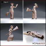 Female villager sculpt in four individual poses shown separately: standing calm with broom at side, shouting with broom raised and fist clenched, lunging forward gripping the broom low, and collapsed flat on the ground with hat displaced. Sculpt by Novaminis.