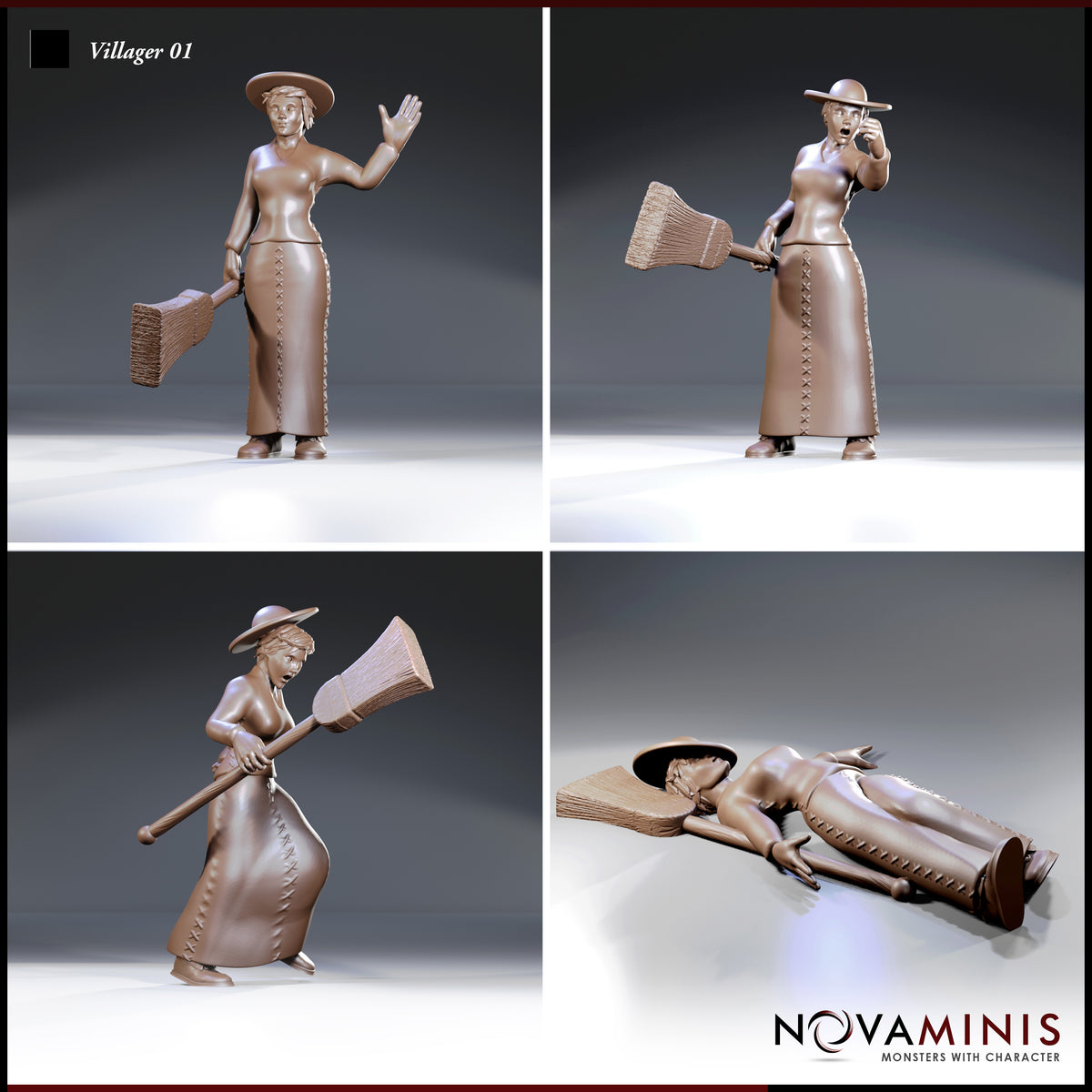 Four individual renders of the Novaminis villager: calmly holding a broom with one hand raised, gripping the broom in wide-eyed shock, lunging forward with broom raised aggressively, and lying flat on the ground with her wide-brimmed hat fallen nearby.