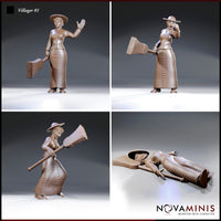 Four individual renders of the Novaminis villager: calmly holding a broom with one hand raised, gripping the broom in wide-eyed shock, lunging forward with broom raised aggressively, and lying flat on the ground with her wide-brimmed hat fallen nearby.