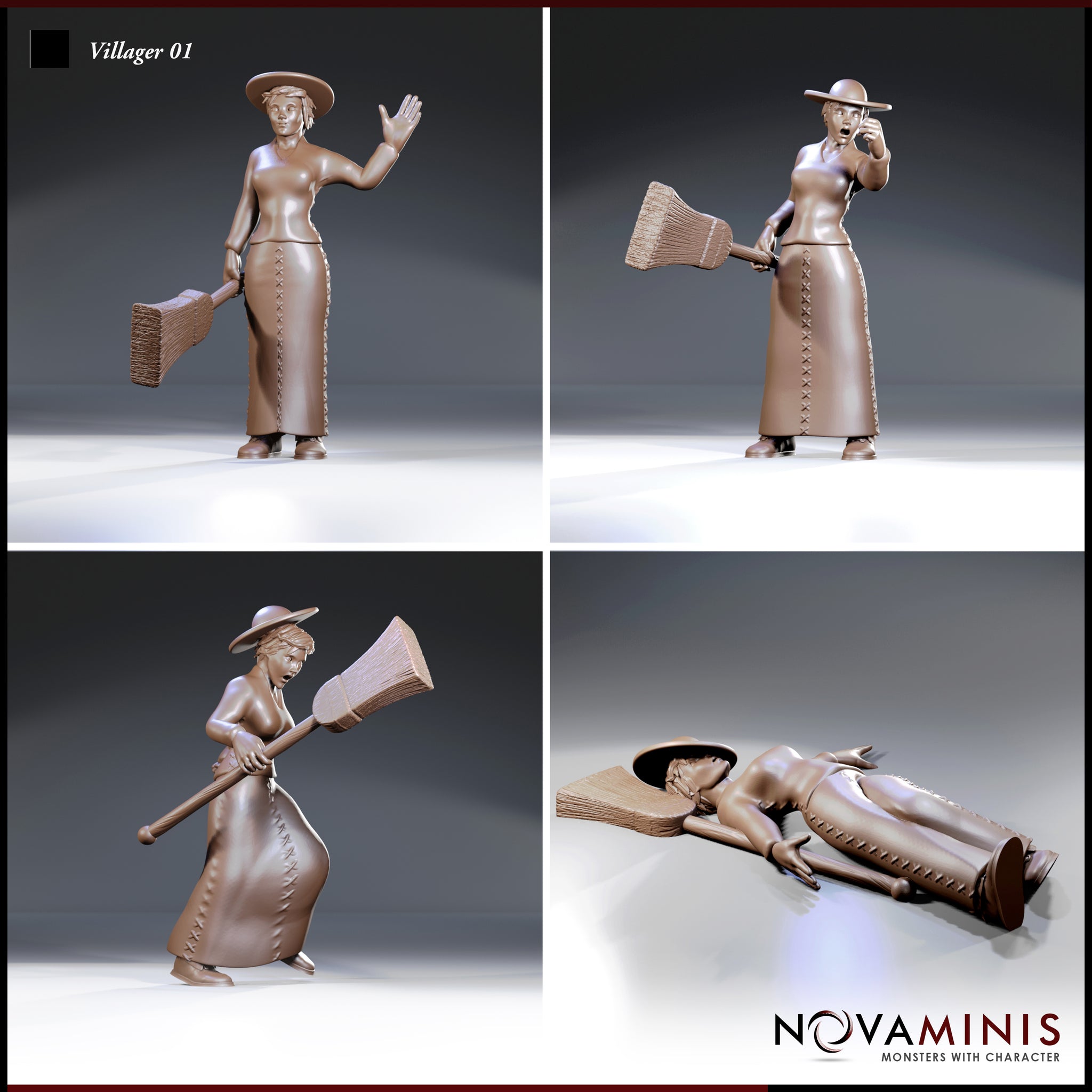 Four individual villager poses in a grid: calm standing with broom at side, open-mouthed shouting with broom raised, crouching mid-swing with broom low, and lying flat on ground with hat and broom beside her. Sculpt by Novaminis.