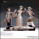 Four resin sculpts of the same female villager in a long laced skirt and wide-brimmed hat: standing with raised hand, shouting with broom aloft, kneeling with broom held back, and lying prone with hat fallen beside her. Sculpt by Novaminis.