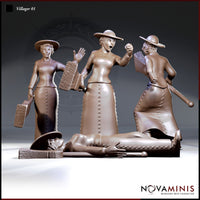 Four resin sculpts of the same female villager in a long laced skirt and wide-brimmed hat: standing with raised hand, shouting with broom aloft, kneeling with broom held back, and lying prone with hat fallen beside her. Sculpt by Novaminis.