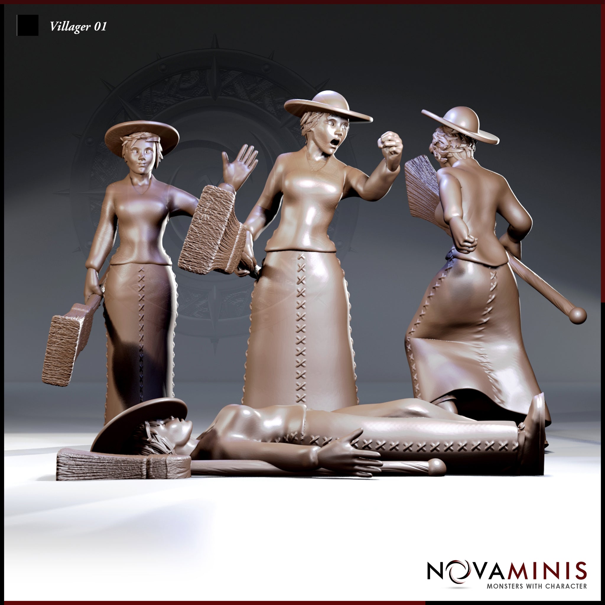 Four resin sculpts of the same female villager in a long laced skirt and wide-brimmed hat: standing with raised hand, shouting with broom aloft, kneeling with broom held back, and lying prone with hat fallen beside her. Sculpt by Novaminis.