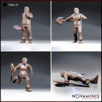 Four individual close-up poses of the same Novaminis villager sculpt: hesitant axe-holder top-left, defiant tool-wielder top-right, fleeing figure bottom-left, and a collapsed prone figure bottom-right.