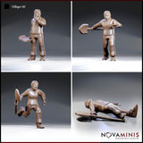 Four individual Novaminis Villager 02 Fighting poses shown separately: a stocky man clutching a broad hand axe while covering his mouth, the same figure facing forward gripping the axe two-handed, a third variant mid-stride with a shield swinging at his side, and a fourth sculpt lying prone on the ground.