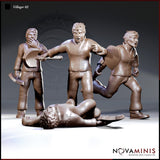 Four villager miniatures by Novaminis grouped together: one stands hand to mouth gripping a hatchet, one strides forward tool raised, one runs with a sack, one lies face-down on the ground.