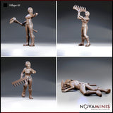 Four individual renders of a female villager by Novaminis: pointing forward with rake lowered, raising the rake overhead in a battle cry, fleeing with it held sideways, and a prone fallen pose flat on the ground.