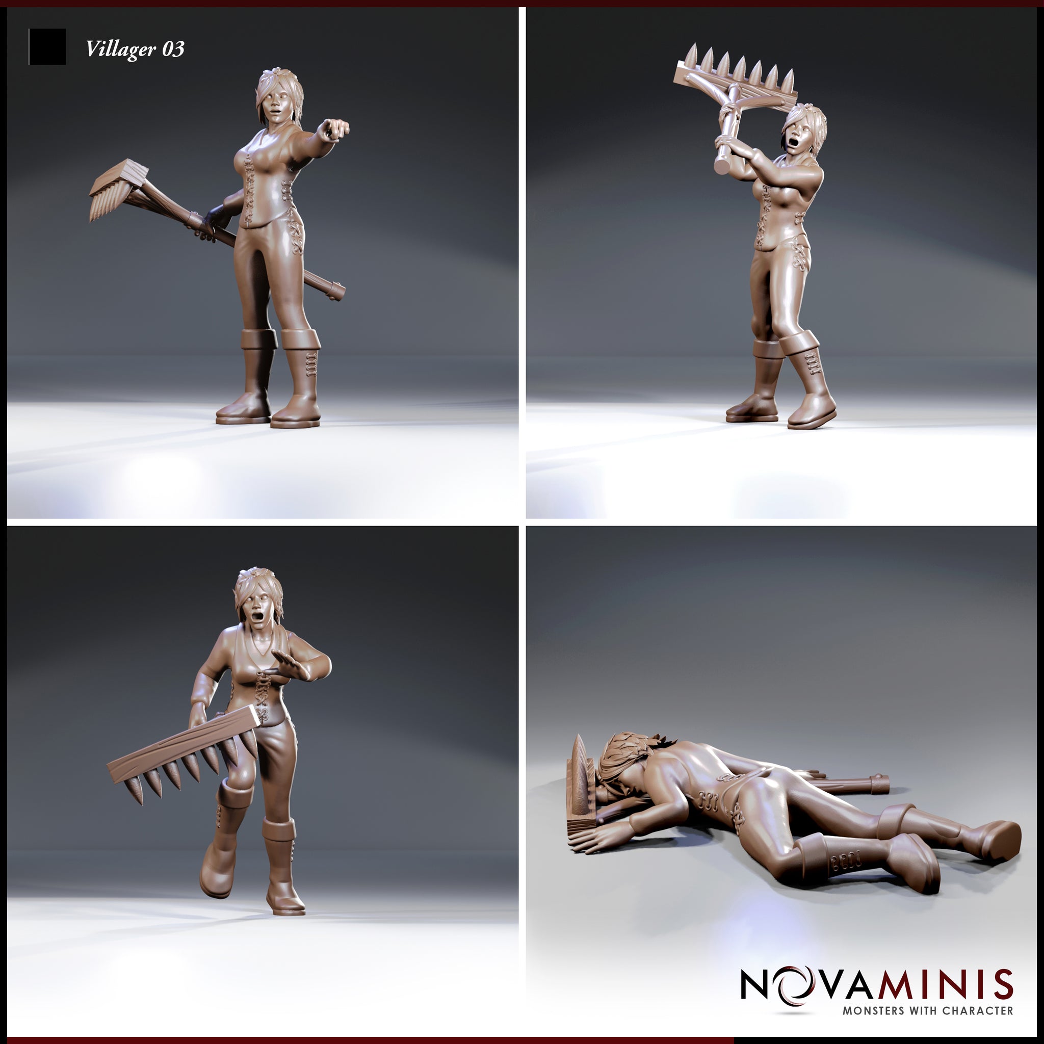 Four individual renders of a female villager by Novaminis: pointing forward with rake lowered, raising the rake overhead in a battle cry, fleeing with it held sideways, and a prone fallen pose flat on the ground.