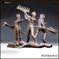 Three poses of the same female villager sculpt shown together: brandishing a rake at her side, swinging it overhead with mouth open in a shout, and lying collapsed on the ground with the rake beside her. Sculpt by Novaminis.