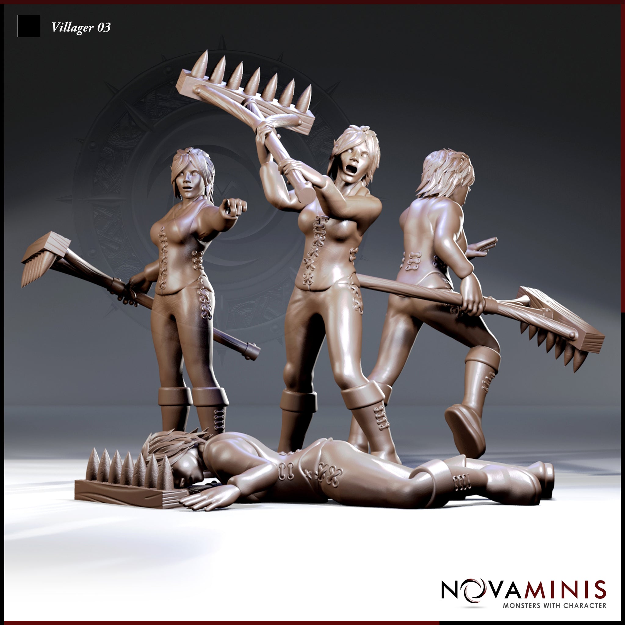 Three poses of the same female villager sculpt shown together: brandishing a rake at her side, swinging it overhead with mouth open in a shout, and lying collapsed on the ground with the rake beside her. Sculpt by Novaminis.