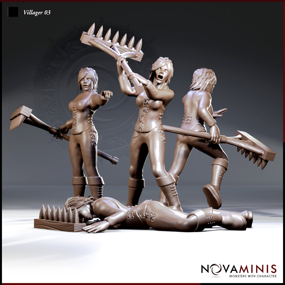 Three standing villager sculpts and one prone figure grouped together, each holding a wooden rake. Laced bodices, fitted trousers, knee-high boots. Expressions range from defiant to mid-shout. Novaminis.