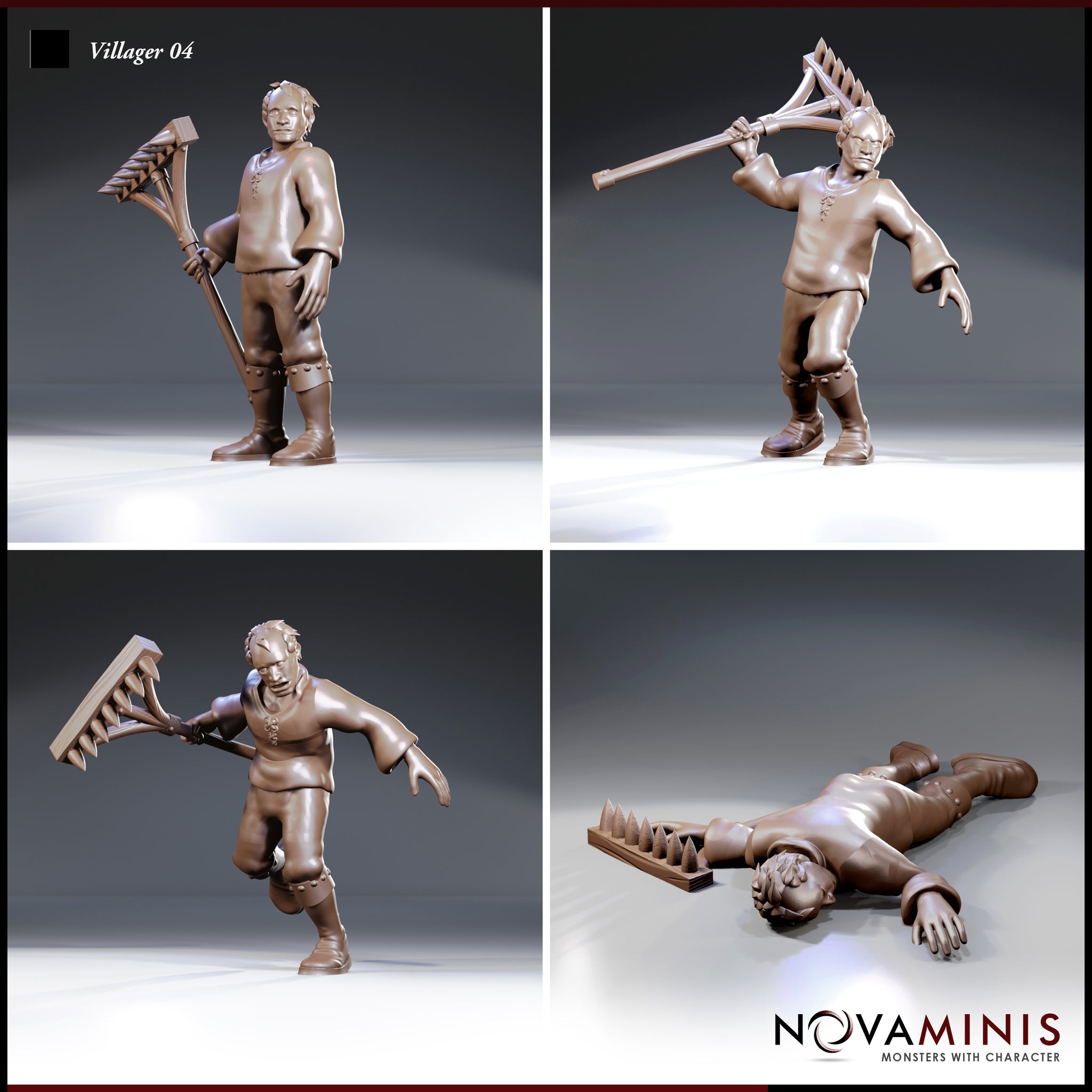Four individual renders of the same villager sculpt: standing with rake lowered, raising a spiked rake overhead in fury, lunging forward with rake extended, and lying collapsed and prone with rake flat beside him. Simple peasant clothing throughout. Sculpt by Novaminis.