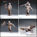 Four individual poses of a stocky male peasant with a rake: standing at rest, raising the rake overhead aggressively, lunging forward in a charge, and lying defeated face-down with a spiked rake at his side. Sculpt by Novaminis.