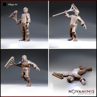 Four individual poses of a stocky male peasant with a rake: standing at rest, raising the rake overhead aggressively, lunging forward in a charge, and lying defeated face-down with a spiked rake at his side. Sculpt by Novaminis.