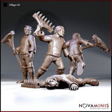 Three villager poses grouped together — standing with rake, swinging rake overhead mid-attack, and a fourth figure fallen prone on the ground with a spiked rake beside him. Stocky male figures in simple working clothes and sturdy boots. Sculpt by Novaminis.