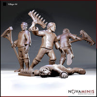 Three villager poses grouped together — standing with rake, swinging rake overhead mid-attack, and a fourth figure fallen prone on the ground with a spiked rake beside him. Stocky male figures in simple working clothes and sturdy boots. Sculpt by Novaminis.