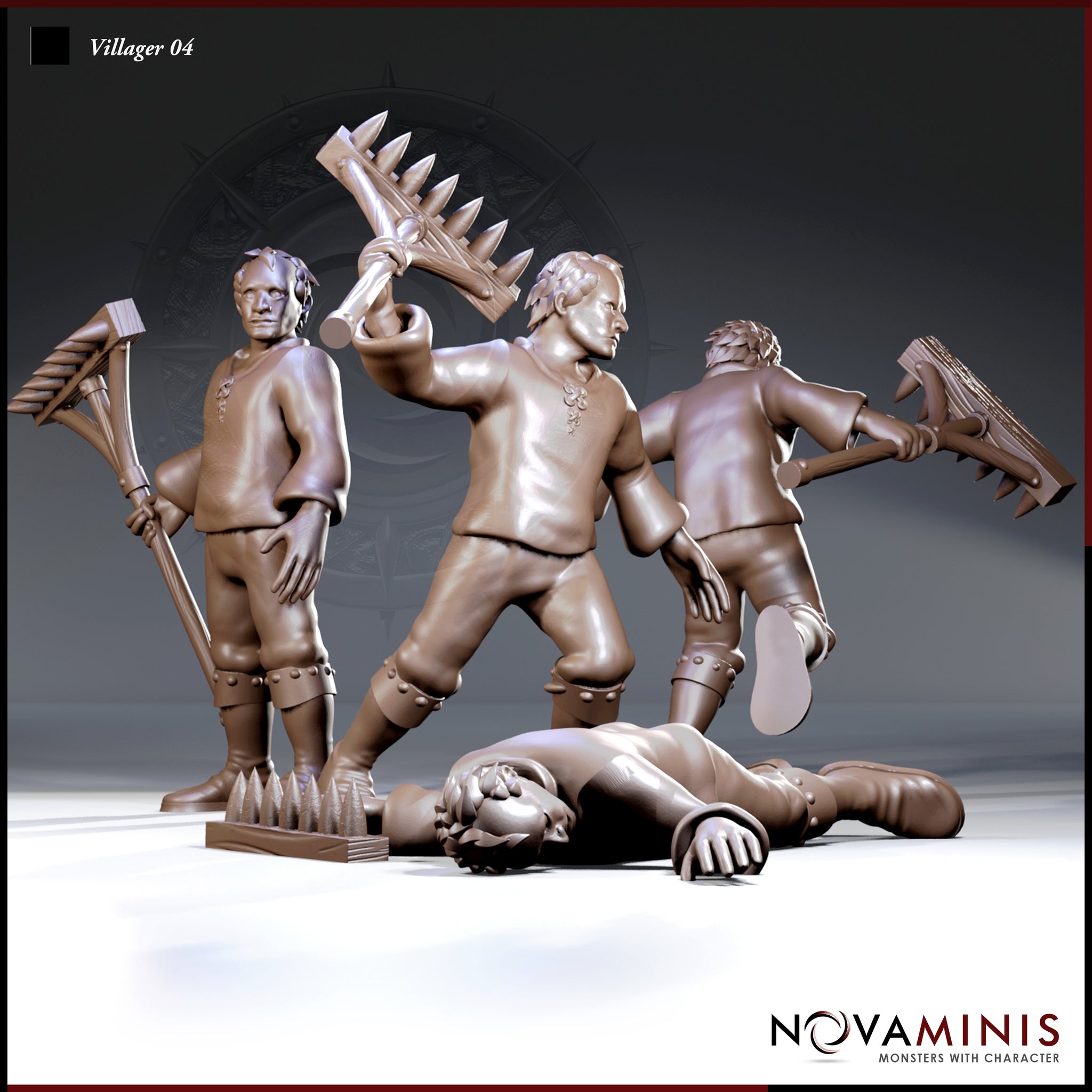 Three villager poses grouped together — standing with rake, swinging rake overhead mid-attack, and a fourth figure fallen prone on the ground with a spiked rake beside him. Stocky male figures in simple working clothes and sturdy boots. Sculpt by Novaminis.