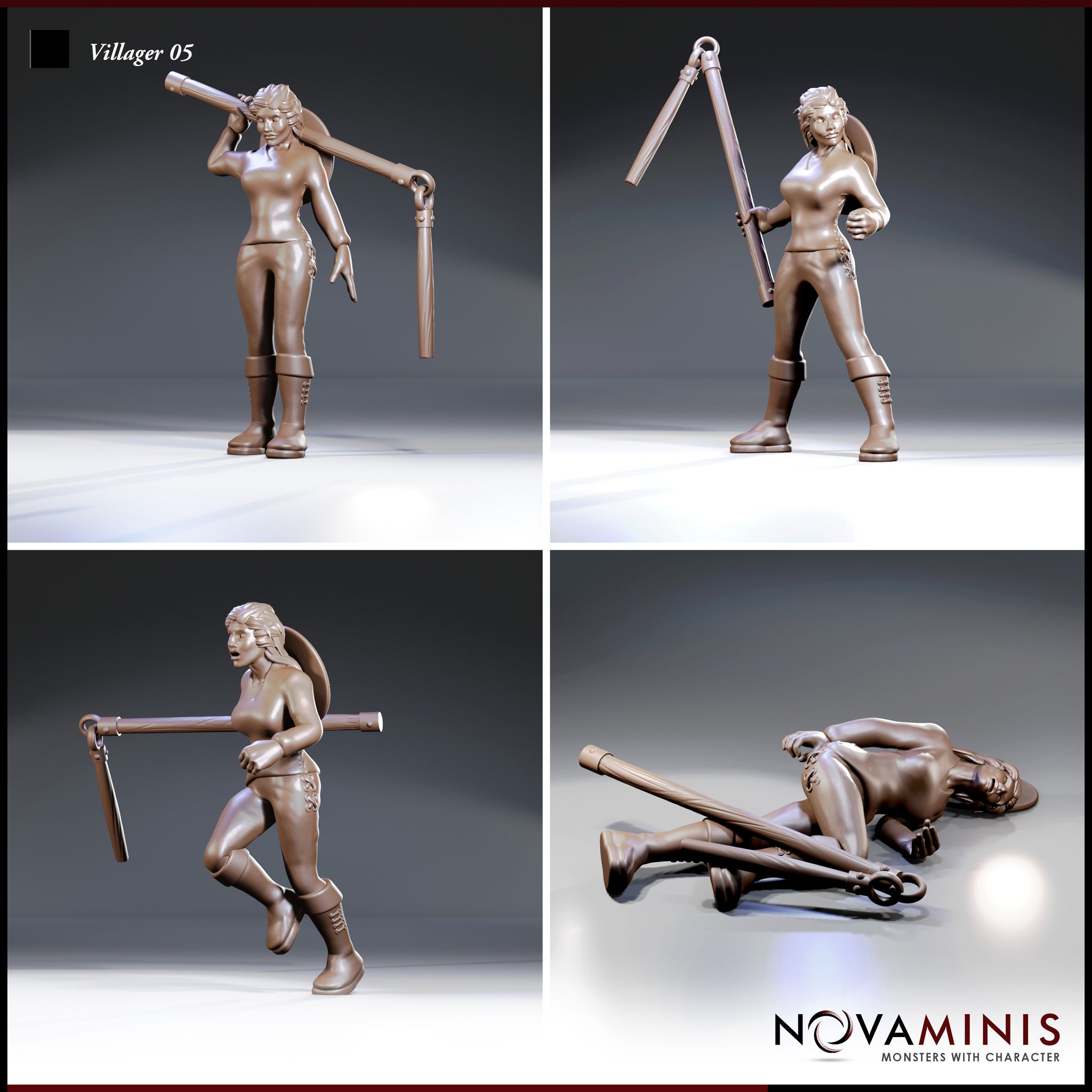 Four individual render views of the same female villager sculpt: shouldering a pole overhead, bracing it across both hands, running with it trailing behind, and collapsed on the ground with the pole beside her. Sculpt by Novaminis.