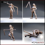 Four individual views of the same female villager miniature: carrying a pole over her shoulder, gripping it in a fighting stance, charging forward mid-stride, and lying fallen on the ground. Sculpt by Novaminis.