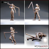 Four individual views of the same female villager sculpt: shouldering the bar casually, holding it in a two-handed ready stance, striding with it braced low, and lying fallen. Sculpted by Novaminis.