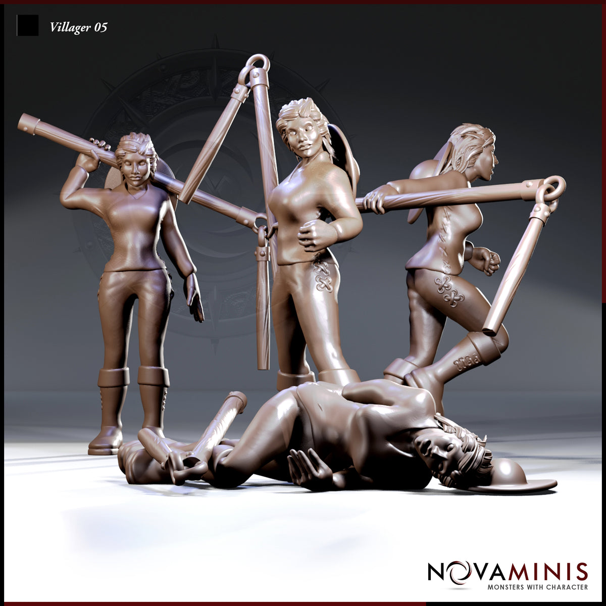 Four-pose group render of Villager 05 Fallen by Novaminis: a woman with a long pole tool shown standing casually, braced ready, mid-stride, and lying prone on the ground.
