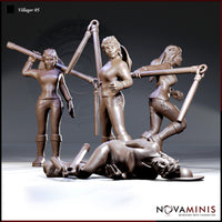 Four-pose group render of Villager 05 Fallen by Novaminis: a woman with a long pole tool shown standing casually, braced ready, mid-stride, and lying prone on the ground.