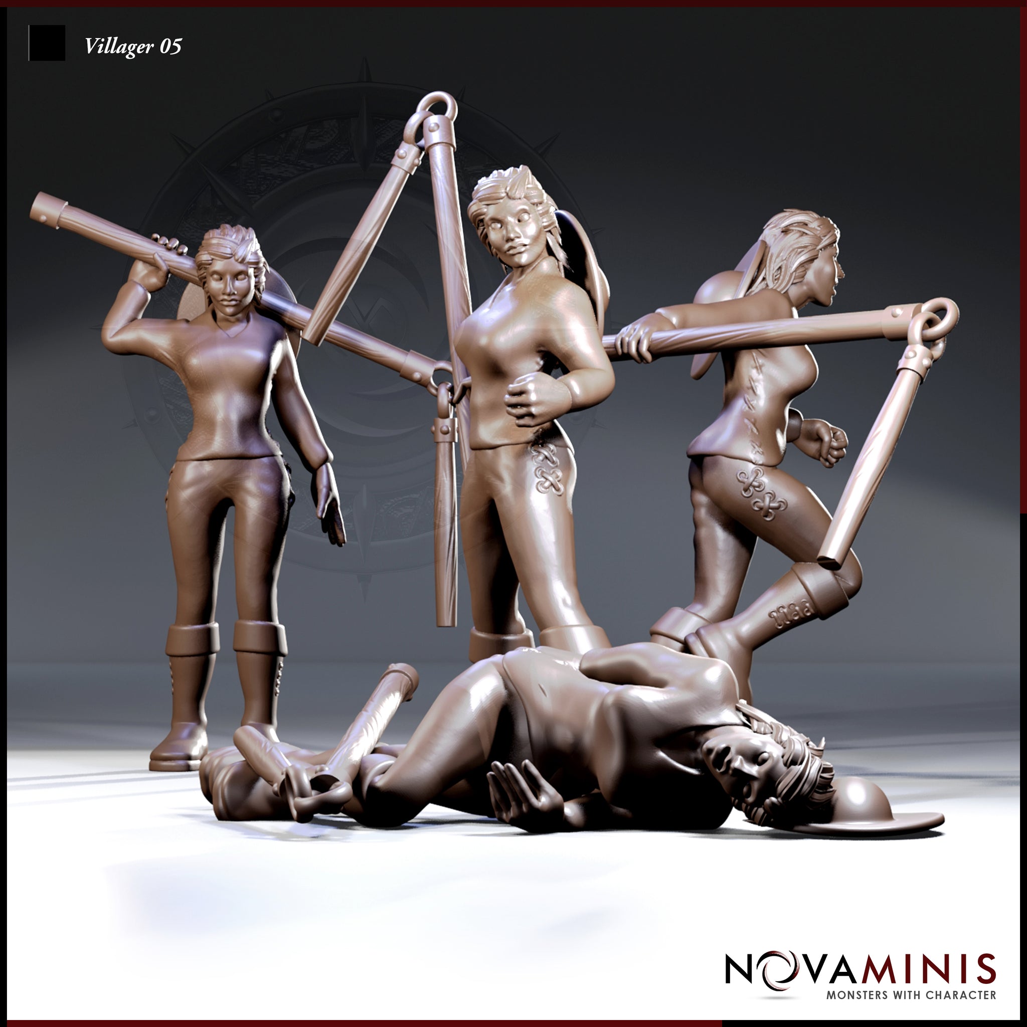 Four-pose group render of Villager 05 Fallen by Novaminis: a woman with a long pole tool shown standing casually, braced ready, mid-stride, and lying prone on the ground.