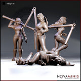 Three standing poses of a female villager carrying a large hinged surveying pole, shown alongside a fourth downed pose — the figure wears fitted trousers, knee-high boots, and has knotwork detailing on her thighs. Sculpt by Novaminis.