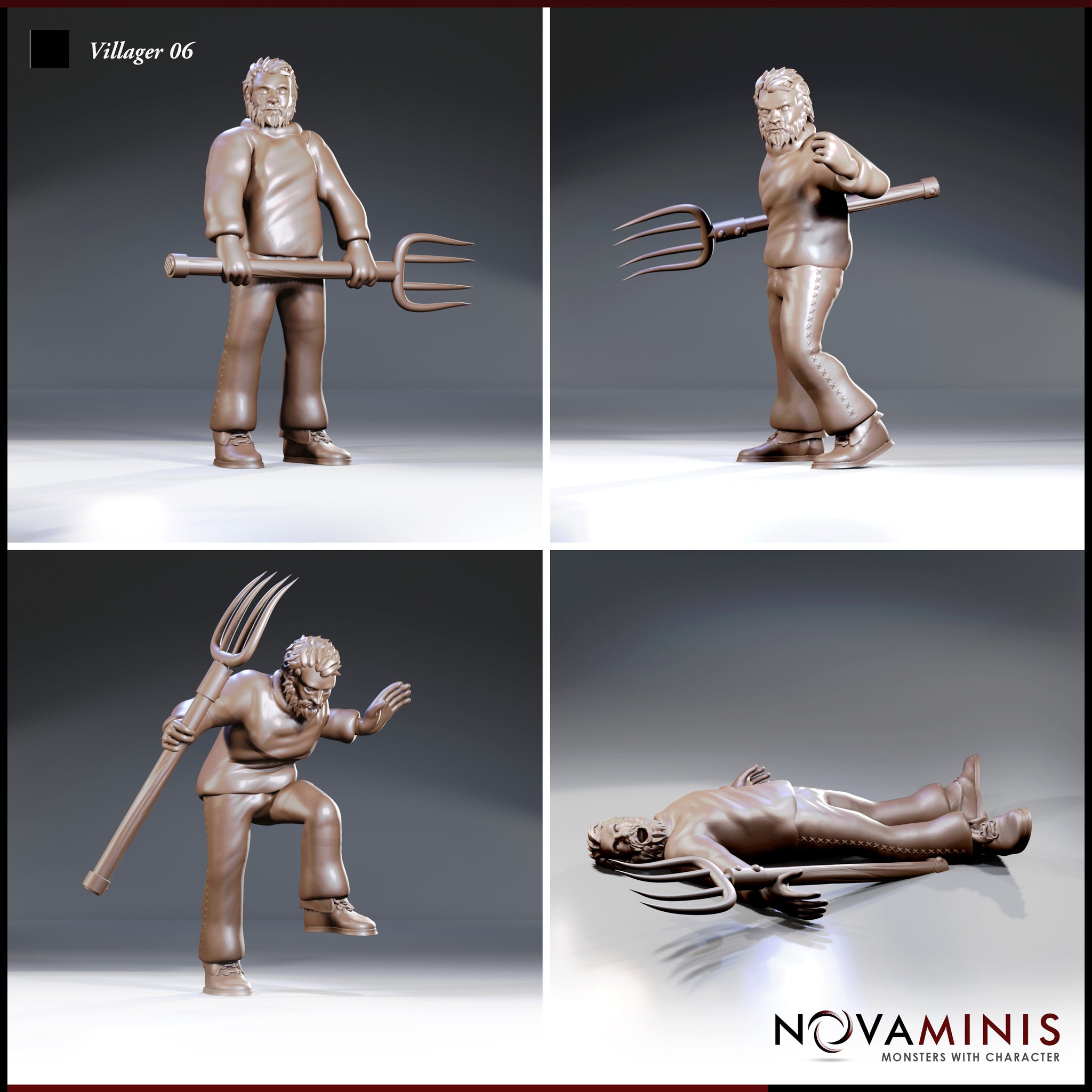Four panel view showing a bearded villager mini in three poses — standing gripping a pitchfork low, stepping forward with pitchfork raised, crouching defensively — plus a fallen pose flat on the ground. Sculpt by Novaminis.