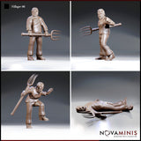 Four individual renders of the Novaminis Villager 06 sculpts: standing pitchfork-low pose, wide-legged twisting pose with pitchfork shouldered, crouching combat-ready pose, and a prone fallen figure with pitchfork on the ground.