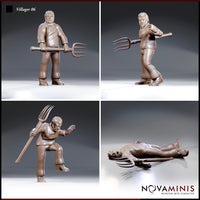 Four individual renders of the Villager 06 Fine sculpt by Novaminis: standing guard pose, side profile of aggressive pose with pitchfork over shoulder, crouching lunge with pitchfork angled low, and a fallen figure lying flat with pitchfork beside him.