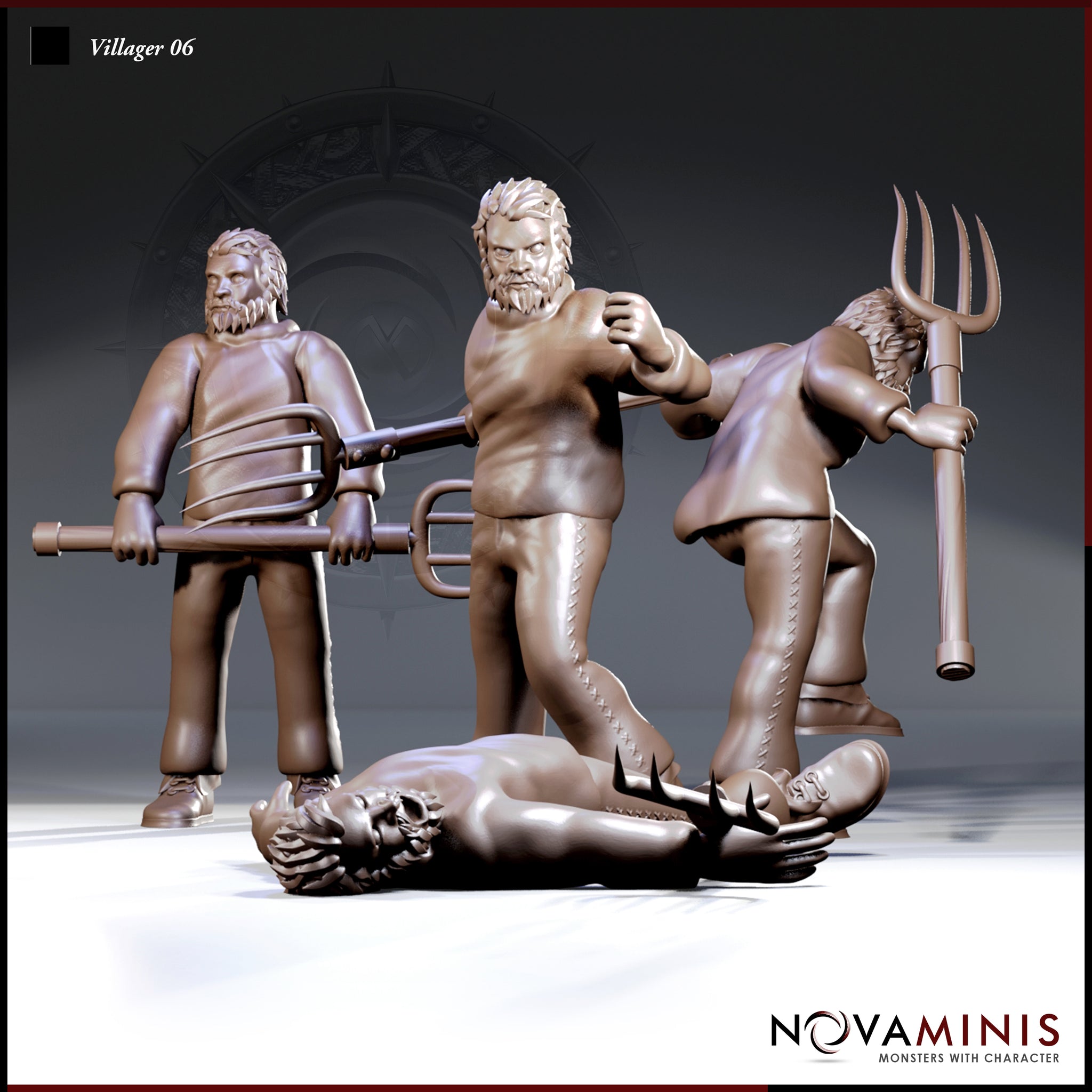 Three poses of a bearded, broad-shouldered villager holding a pitchfork: standing alert, stepping aggressively, and a separate fallen figure lying flat on his back. Sculpt by Novaminis.