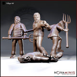 Three variations of a bearded male villager sculpt by Novaminis — standing with pitchfork held low, twisting with pitchfork over shoulder, and a separate prone figure lying face-up with the pitchfork beside him.