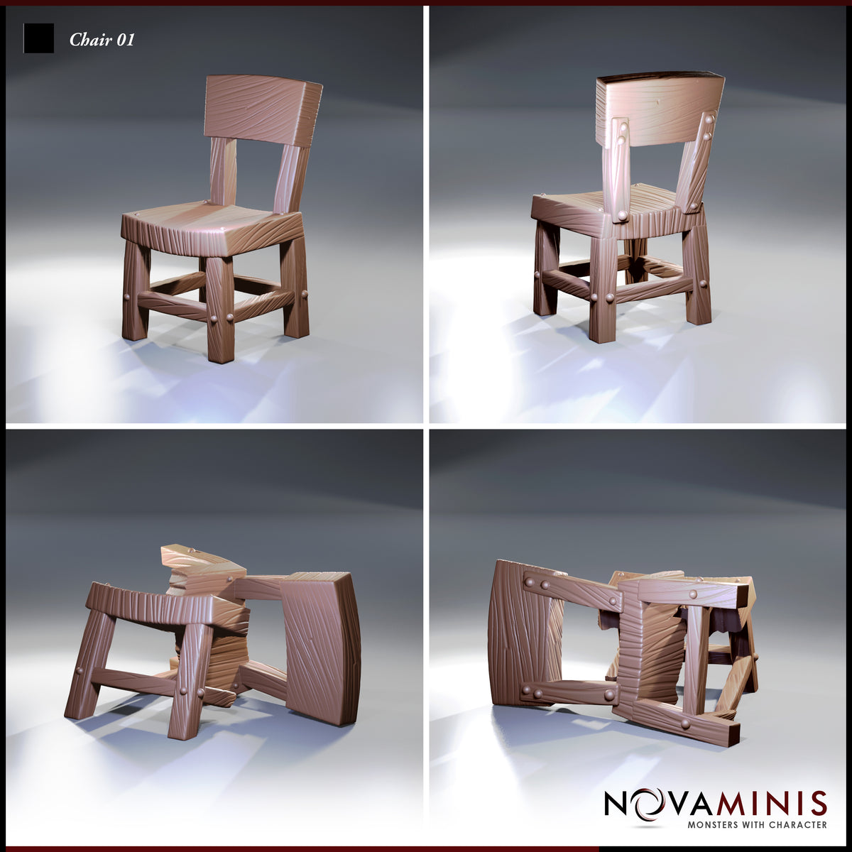 Four-panel render of the Novaminis Chair 01 scatter terrain set showing the intact chair from front and rear, and the broken chair from two angles — revealing splintered planks, exposed bolt heads, and collapsed frame structure.