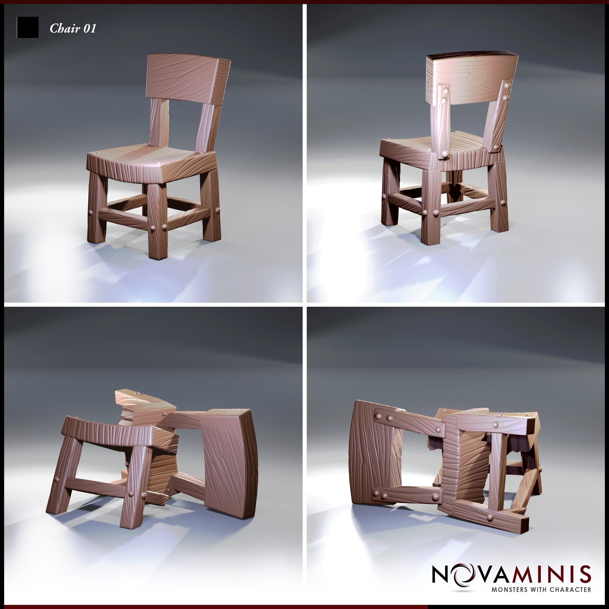 Four-panel render of the Novaminis Chair 01 scatter terrain set showing the intact chair from front and rear, and the broken chair from two angles — revealing splintered planks, exposed bolt heads, and collapsed frame structure.