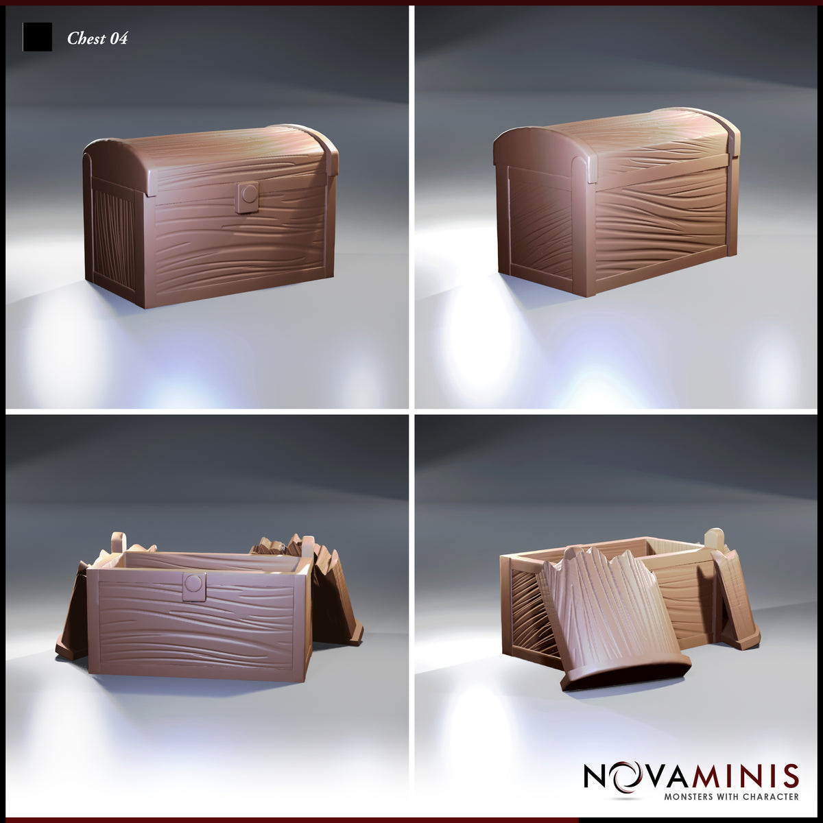 Novaminis Chest 04 — four-angle render showing the closed chest from front and rear, plus the open chest from two angles with the detached domed lid resting beside the empty interior.