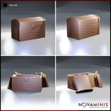 Novaminis Chest 04 — four-angle render showing the closed chest from front and rear, plus the open chest from two angles with the detached domed lid resting beside the empty interior.