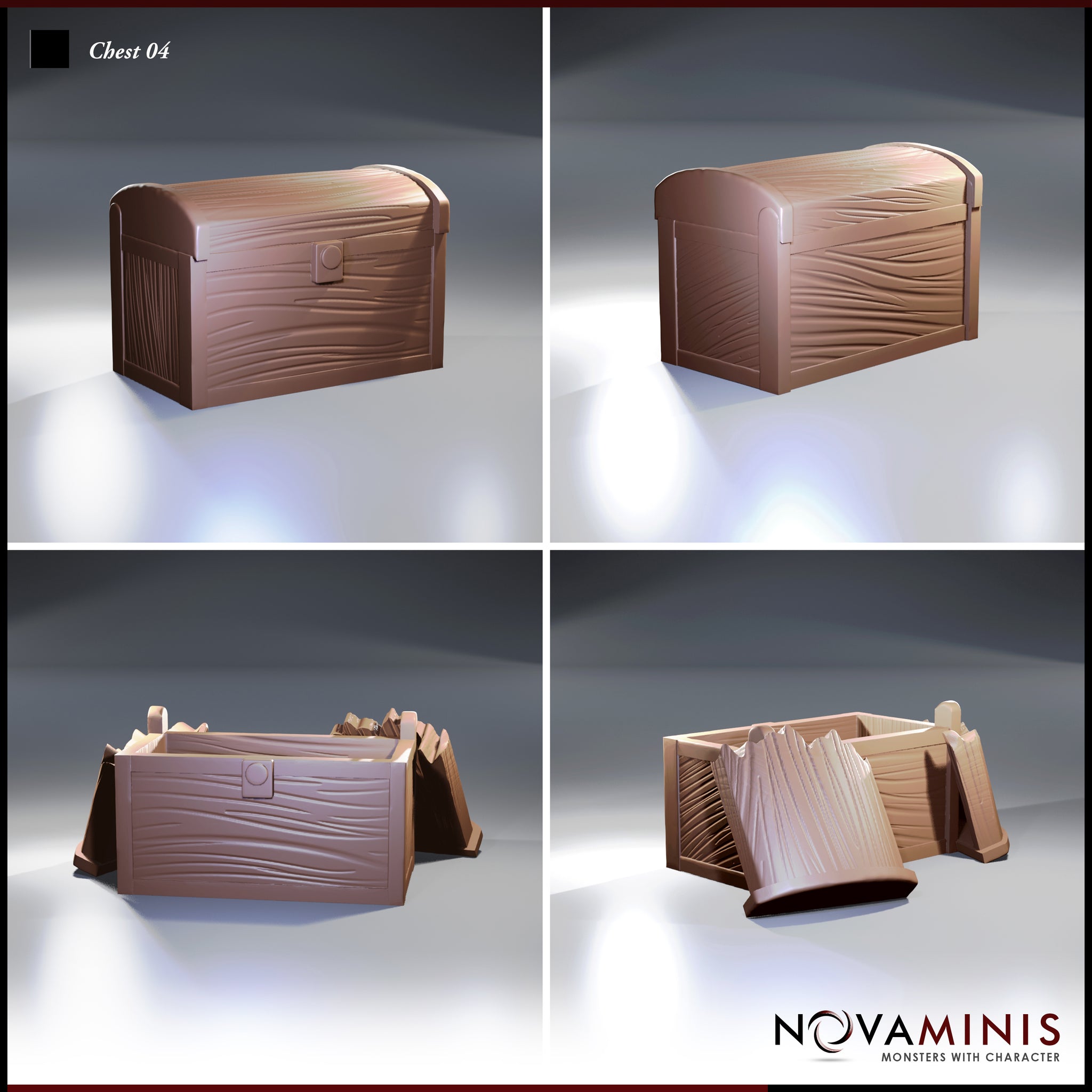 Novaminis Chest 04 — four-angle render showing the closed chest from front and rear, plus the open chest from two angles with the detached domed lid resting beside the empty interior.
