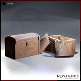 Novaminis Chest 04 — closed domed treasure chest with flowing wood-grain texture and barrel-latch clasp, shown alongside the open version with lid removed revealing interior walls.