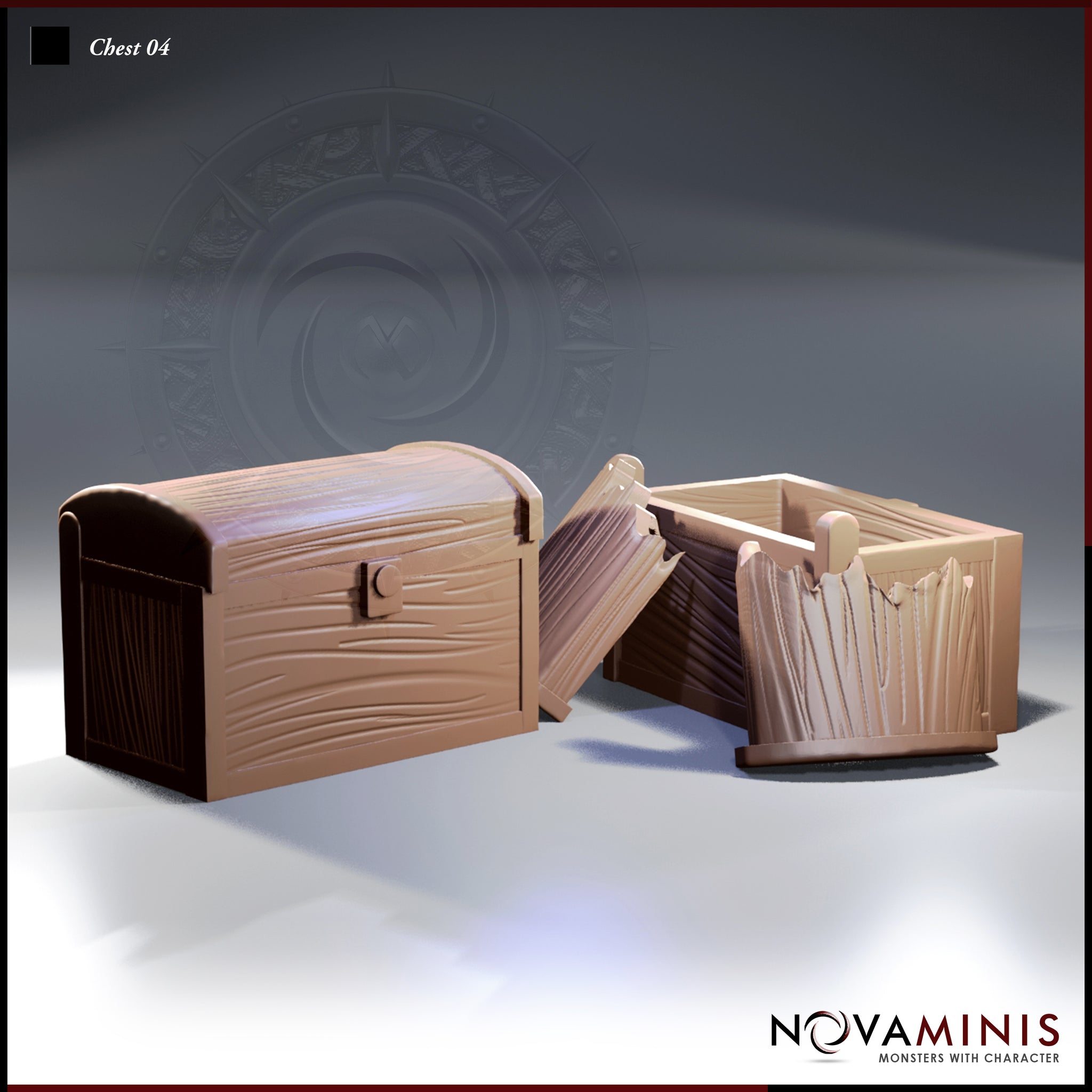 Novaminis Chest 04 — closed domed treasure chest with flowing wood-grain texture and barrel-latch clasp, shown alongside the open version with lid removed revealing interior walls.