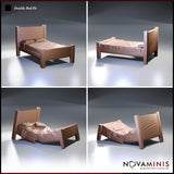 Four-angle view of a single rustic wooden double bed miniature with a tall wood-grain headboard, chunky corner posts, and softly draped fabric folds. Two poses shown: tidy bedding and dishevelled sheets. Novaminis.