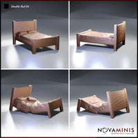 Four-angle view of a single rustic wooden double bed miniature with a tall wood-grain headboard, chunky corner posts, and softly draped fabric folds. Two poses shown: tidy bedding and dishevelled sheets. Novaminis.
