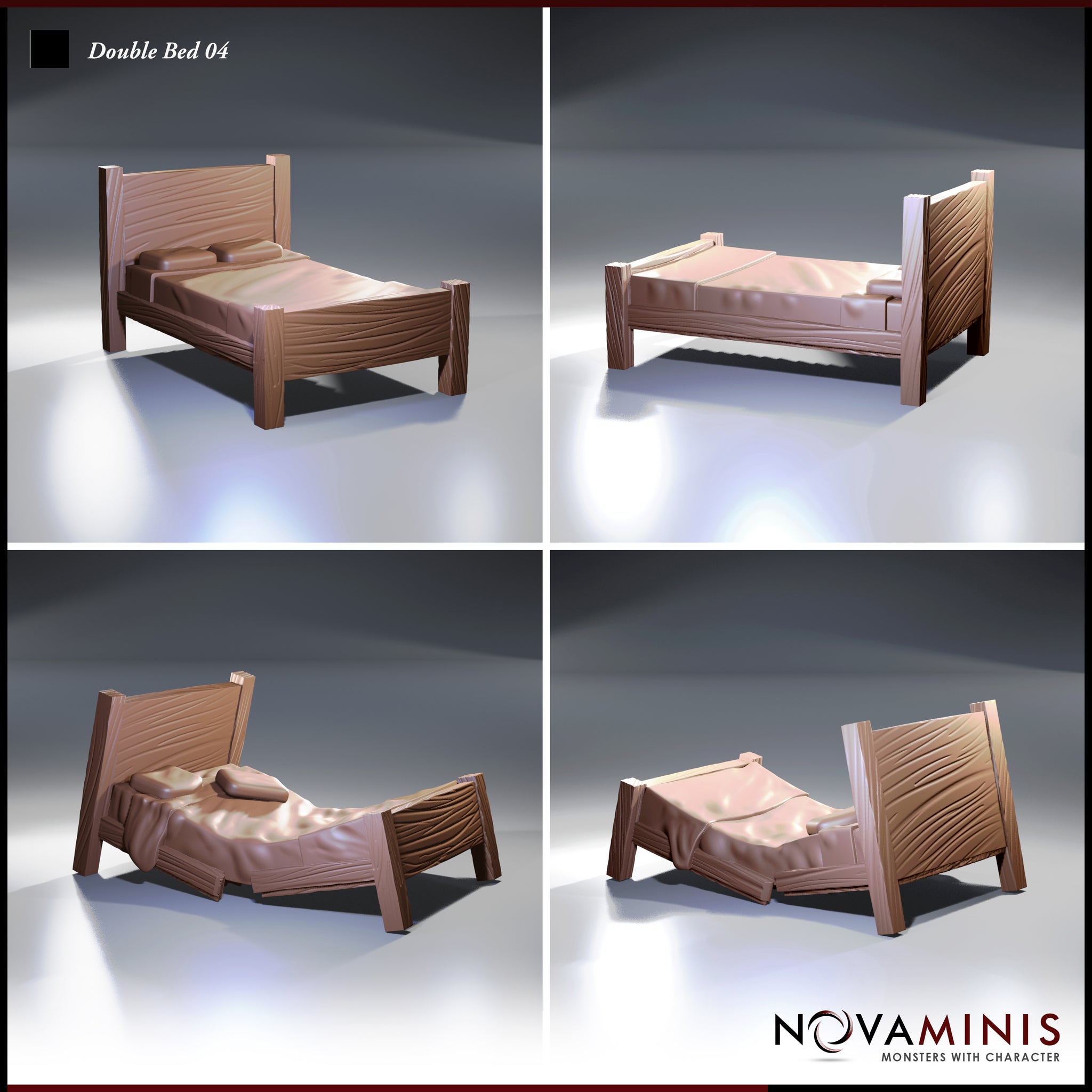 Four-angle view of a single rustic wooden double bed miniature with a tall wood-grain headboard, chunky corner posts, and softly draped fabric folds. Two poses shown: tidy bedding and dishevelled sheets. Novaminis.