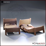 Two rustic wooden double bed miniatures side by side — one with neatly laid sheets and two pillows, one with twisted rumpled sheets and a single displaced pillow. Wood-grain headboards with vertical striations. Novaminis.