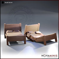 Two rustic wooden double bed miniatures side by side — one with neatly laid sheets and two pillows, one with twisted rumpled sheets and a single displaced pillow. Wood-grain headboards with vertical striations. Novaminis.