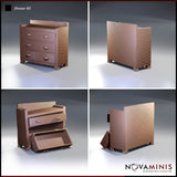 Four-angle view of the Novaminis Dresser 03 sculpt showing closed and open-drawer states, with detailed wood-grain patterning across drawer fronts and sides, and a separate fallen drawer piece on the open variant.