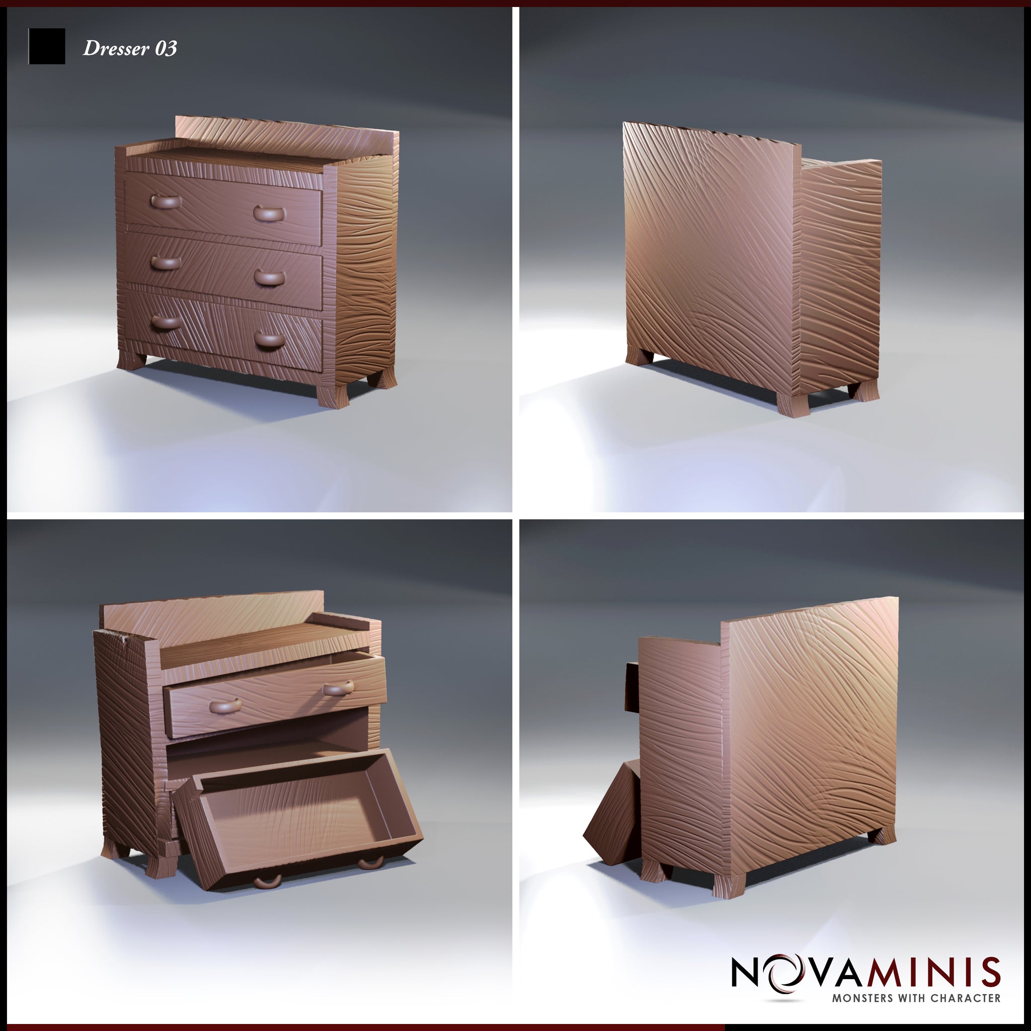 Four-angle view of the Novaminis Dresser 03 sculpt showing closed and open-drawer states, with detailed wood-grain patterning across drawer fronts and sides, and a separate fallen drawer piece on the open variant.