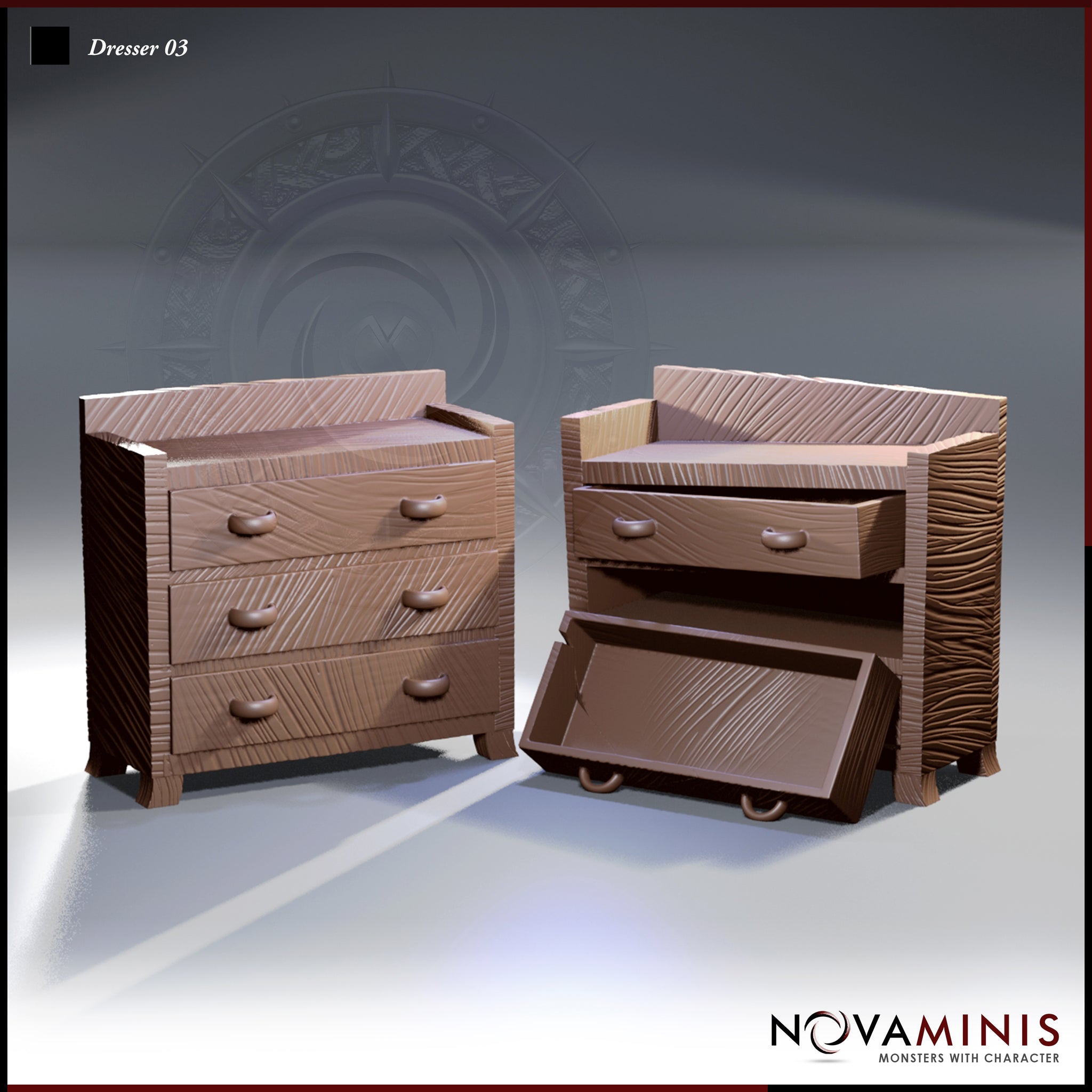 Two resin dresser miniatures side by side — one with all three drawers closed, showing carved wood-grain texture, and one with the top drawer pulled out and the bottom drawer fallen forward. Sculpt by Novaminis.
